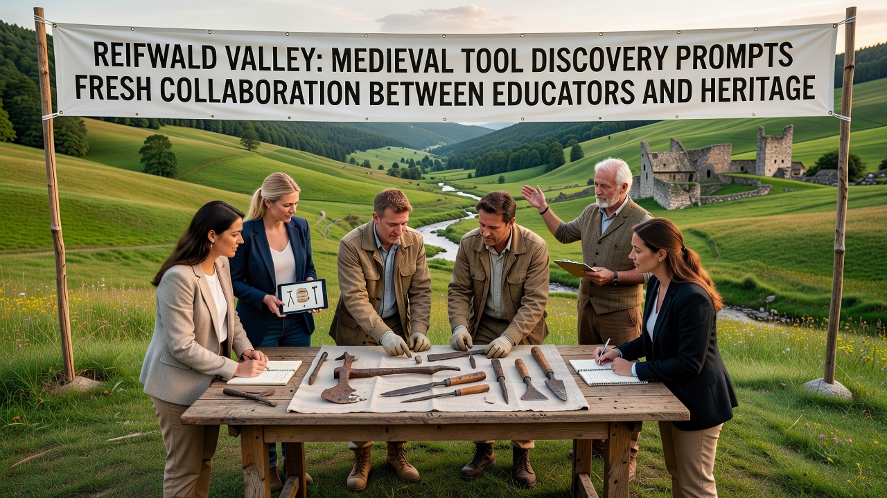 Educators and heritage experts reviewing medieval tool replicas during curriculum planning session